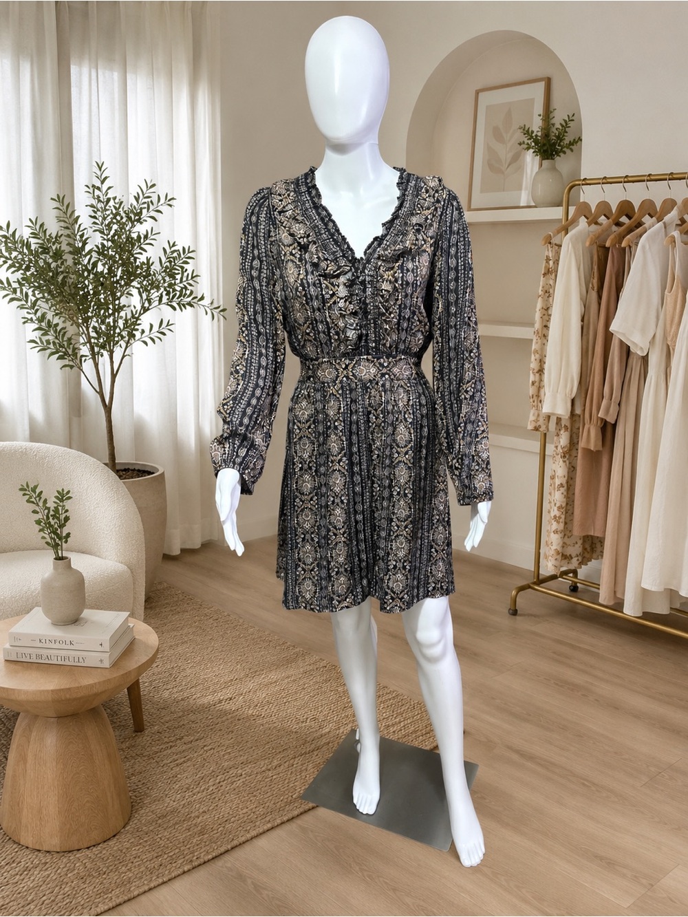 LOFT Black Paisley Long Sleeve V-Neck Dress